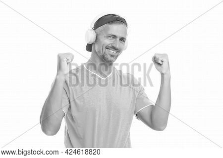 Perfect Sound Concept. Electronic Dance Music And House Tracks. Guy In Cap Listen Music Stereo Headp