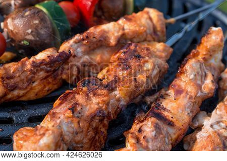 Grilled Meat And Vegetables On Grill In Campsite