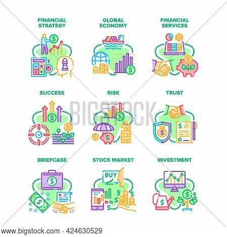 Financial Strategy Set Icons Vector Illustrations. Financial Services And Investment, Global Economy