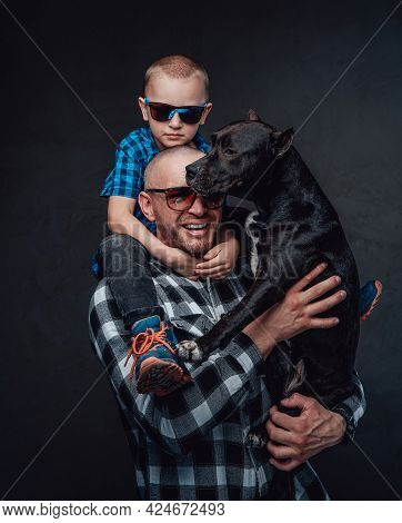 Fashion Father With His Son And Purepred Dog