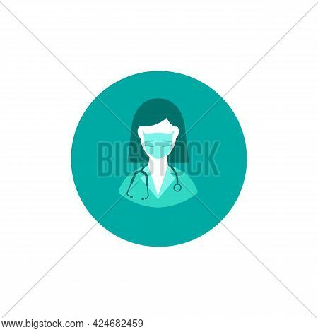 Female Doctor Vector Icon. The Doctors Avatar. Female Doctor In A Protective Mask With A Stethoscope
