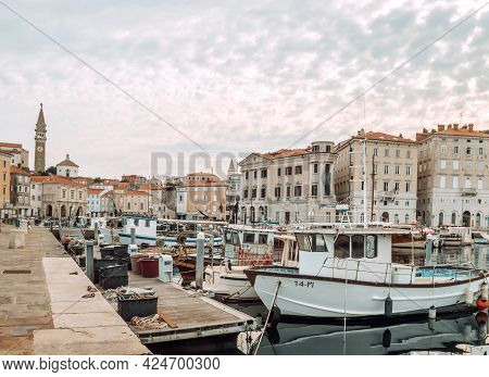 Harbor Of Piran. Marina Of Piran Overlooking The Town In Slovenia Coastside. Town In Southwestern Sl