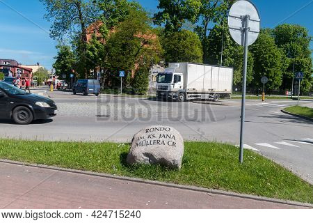 Koscierzyna, Poland - May 31, 2021: Priest Jan Muller Roundabout.