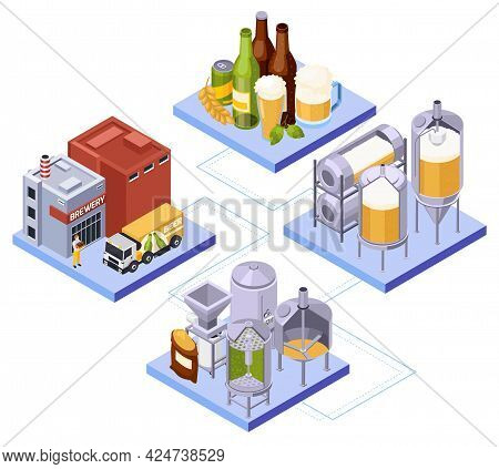 Brewery Beer Production Isometric Composition With Set Of Connected Platforms With Keeves Bottles An