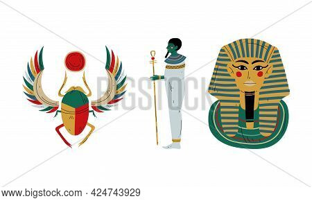 Kheper Or Scarab Beetle And Pharaoh Tutankhamun Tomb As Ancient Egyptian Religion Symbol Vector Set