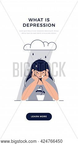 Depression Banner. Sad, Unhappy Teenage Girl Is Melancholy, In Despair, Sorrows About Sad Event. Men