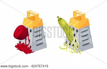 Grater Or Shredder Grating Vegetable Into Fine Pieces Vector Set