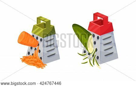 Grater Or Shredder Grating Vegetable Into Fine Pieces Vector Set