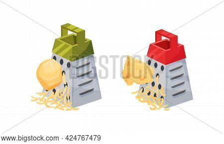 Grater Or Shredder Grating Vegetable Into Fine Pieces Vector Set