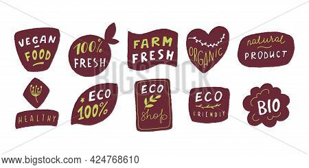 Eco Badge Set In Handraw Style. Organic Logo. Vegan Product Labels, Natural Food And Eco Vegetables 