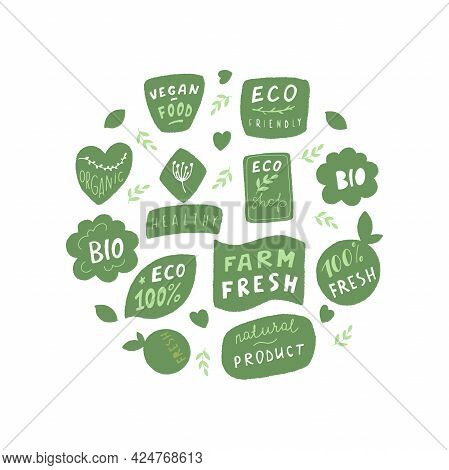 Eco Badge Set In Handraw Style. Organic Logo. Vegan Product Labels, Natural Food And Eco Vegetables 