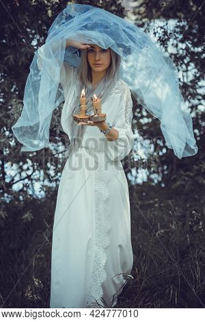 Bride Making Magic Of Candles, Magical Attributes, Herbs And Flowers, Slavic/ Wicca Rituals And Esot