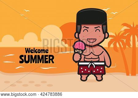 Cute Boxer With A Summer Greeting Banner Cartoon Vector Icon Illustration. Design Isolated On Blue. 