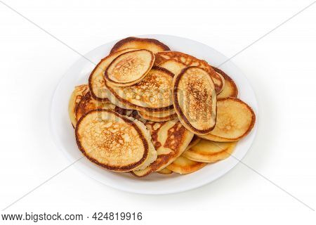 Pile Of Freshly Fried Small Thick Pancakes, In Eastern European Cuisines So-called Oladyi Or Oladky 