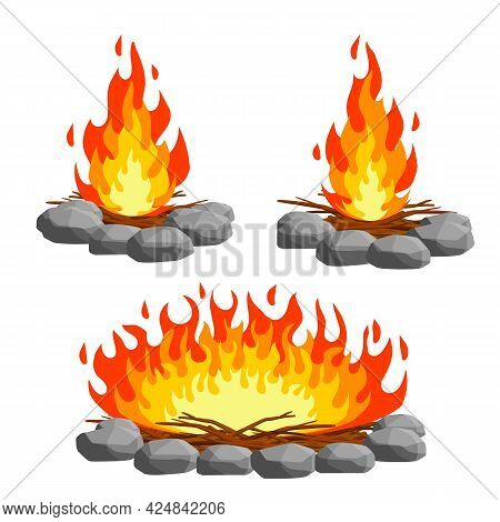 Red Campfire. Orange Flame. Tourist Bonfire. Element Of A Hike. Heat And Hot Object. Fire Lined With