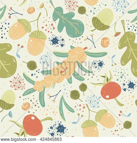 Hand Drawn Vector Seamless Pattern With Autumn Elements Acorns, Leaf, Berries And Seeds