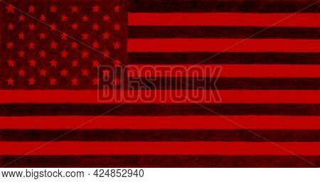Us Flag In Black And Red. Dark Catchy Patriotic Background Or Backdrop. American Independence Day. T