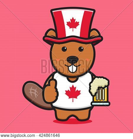 Cute Beaver Character Celebrated Canada Day Cartoon Vector Icon Illustration. Design Isolated On Pin