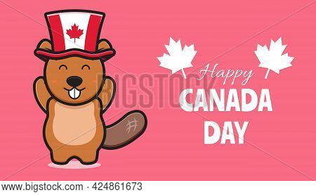 Cute Beaver Character Celebrated Canada Day Cartoon Vector Icon Illustration. Design Isolated On Pin