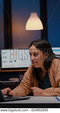 Happy Cheerful Businesswoman Smiling While Looking At Laptop Computer Display Receving Winning Corpo