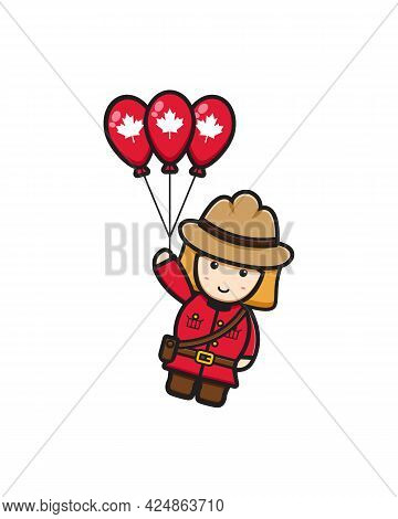 Cute Girl Character Celebrated Canada Day Cartoon Vector Icon Illustration. Design Isolated On White