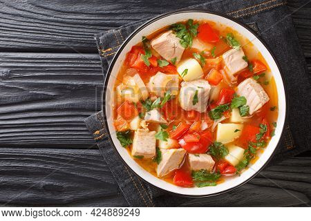 Marmitako Recipe For A Classic Basque Meal Made Of Tuna Fish, Potatoes, Tomatoes And Pepper Closeup 
