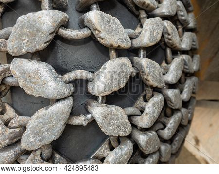 Machinerydetail, Chain Wheel Of Heavy Bulldozer Or Excavator In Open Gravel Quarry.  Industrial Truc