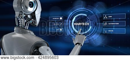Martech Digital Marketing Automation Technology Concept. Robot Pressing Button On Screen 3d Render