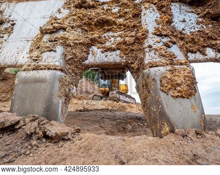 Detailed Steel Teeth Of Excavator Bucket. Scarry  Bucket Teeth. Construction Equipment.