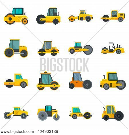 Road Roller Icons Set. Flat Set Of Road Roller Vector Icons Isolated On White Background