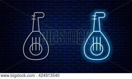 Glowing Neon Line Musical Instrument Lute Icon Isolated On Brick Wall Background. Arabic, Oriental, 