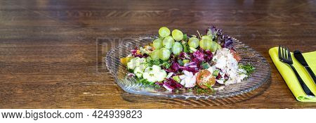 View Of A Plate Mixed Fresh Salad With Grapes And Honey Dressing For Gastronomy Or Restaurant Copy S