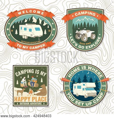 Set Of Camping Badges. Vector Patch Or Sticker. Concept For Shirt Or Logo, Print, Stamp Or Tee. Vint