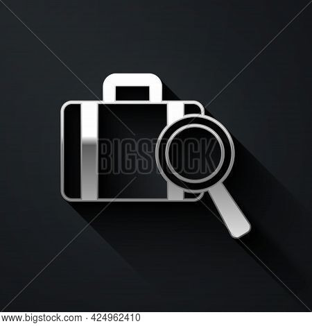 Silver Airline Service Of Finding Lost Baggage Icon Isolated On Black Background. Search Luggage. Lo