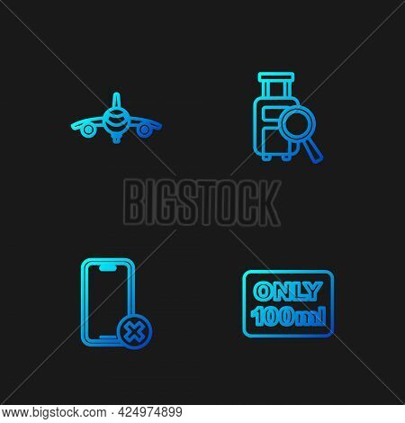 Set Line Liquids In Carry-on Baggage, No Cell Phone, Plane And Lost. Gradient Color Icons. Vector
