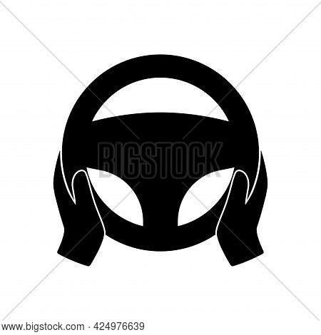 Steering Wheel Icon. Hands On Steering Wheel. Driver. Driving Car Symbol. Test Drive. Silhouette Ill