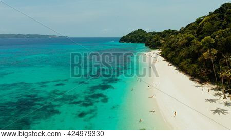 Sandy Beach And Turquoise Water In The Tropical Resort Of Boracay, Puka Shell Beach, Philippines Aer