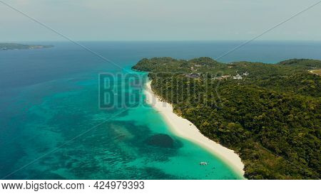 Sandy Beach And Turquoise Water In The Tropical Resort Of Boracay, Puka Shell Beach, Philippines Aer