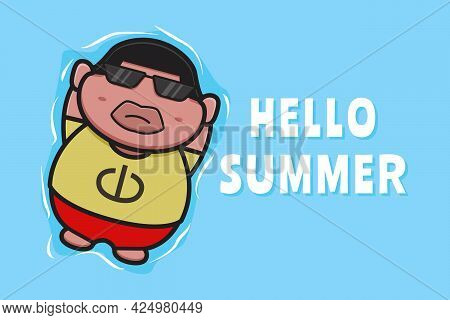 Cute Fat Boy Floating Relaxes With A Summer Greeting Banner Cartoon Vector Icon Illustration. Design