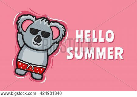 Cute Koala Floating Relaxes With A Summer Greeting Banner Cartoon Vector Icon Illustration. Design I