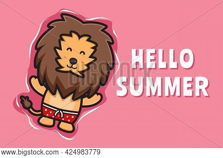 Cute Lion Floating Relaxes With A Summer Greeting Banner Cartoon Vector Icon Illustration. Design Is