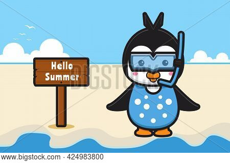 Cute Penguin Wearing Goggles With A Summer Greeting Banner Cartoon Vector Icon Illustration. Design 