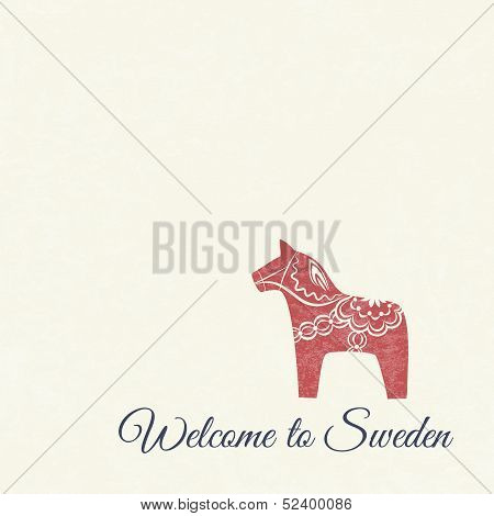 Welcome card with swedish wooden Dala horse