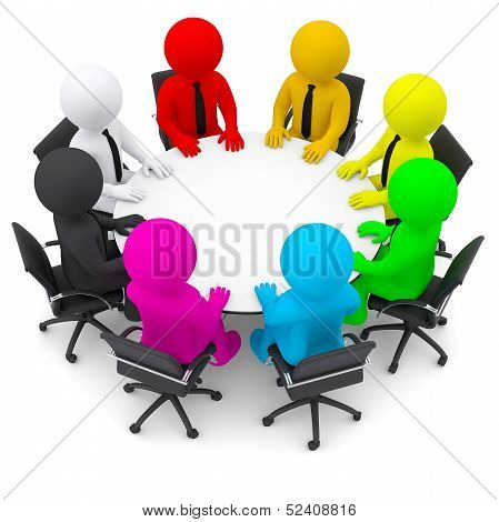 Multicolored people sitting at a round table