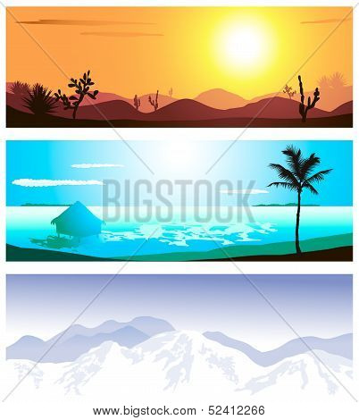 A series of illustrations of 3 geographical locations
