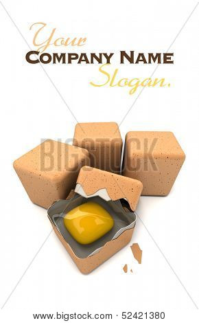 3D rendering of cubic shaped eggs and a broken one 