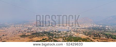 Panorama Holy city Pushkar and Puchkar Mela (camel fair) aerial view from Savitri temple. Rajasthan, India