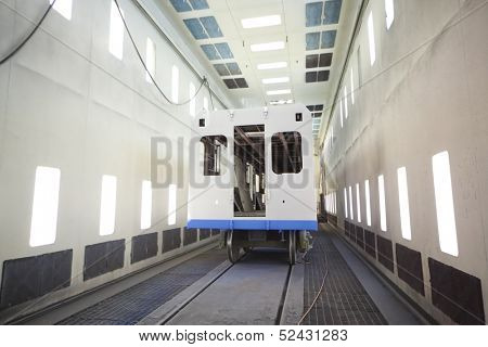 TVER - JUN 05: End of an empty wagon without internal facing in drying chamber after painting in the Tver Carriage Works, on June 05, 2013 in Tver, Russia.