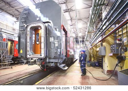 TVER - JUN 05: The end of the two storey car with the door open in the shop of the Tver Carriage Works, on June 05, 2013 in Tver, Russia.