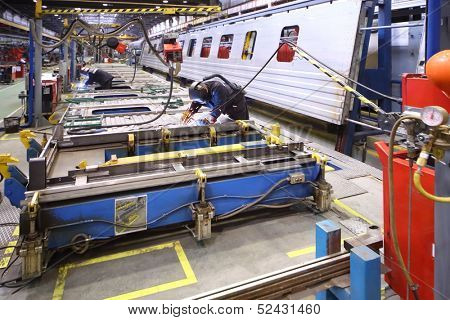 TVER - JUN 05: The process of welding body of the wagon by worker in the Tver Carriage Works, on June 05, 2013 in Tver, Russia.